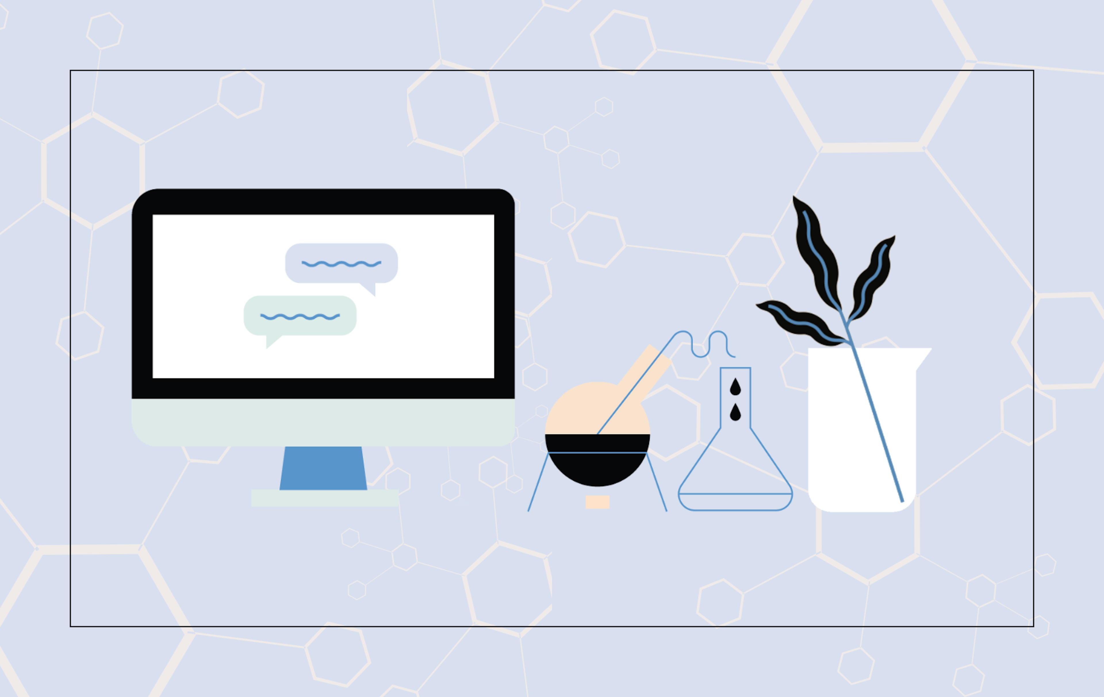 Illustration of Computer screen, lab materials and plant frond.