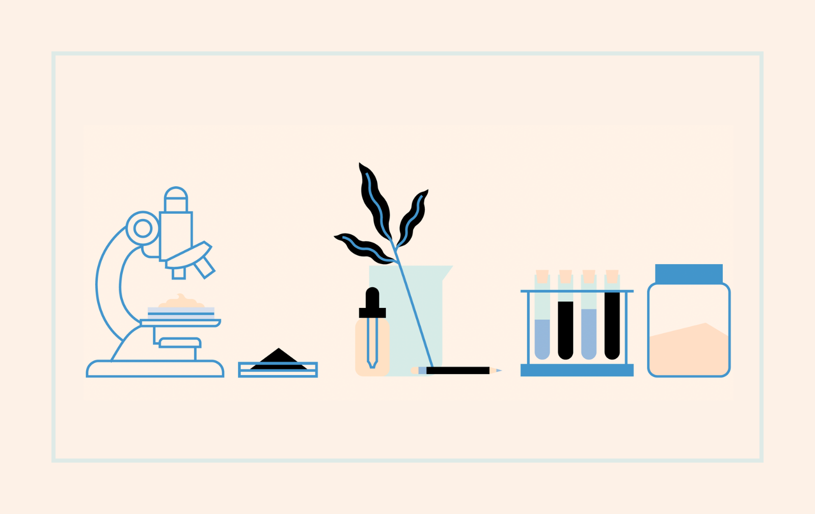 Illustration of microscope, serum, plant, and lab material